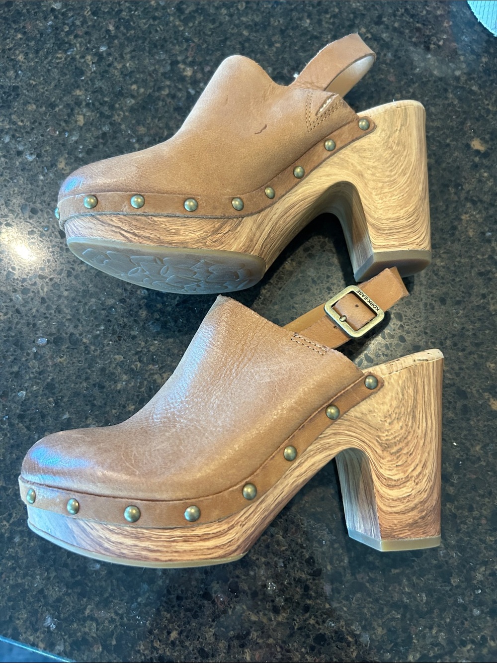 Kork-Ease Tan Leather Studded Wood-Effect Clogs